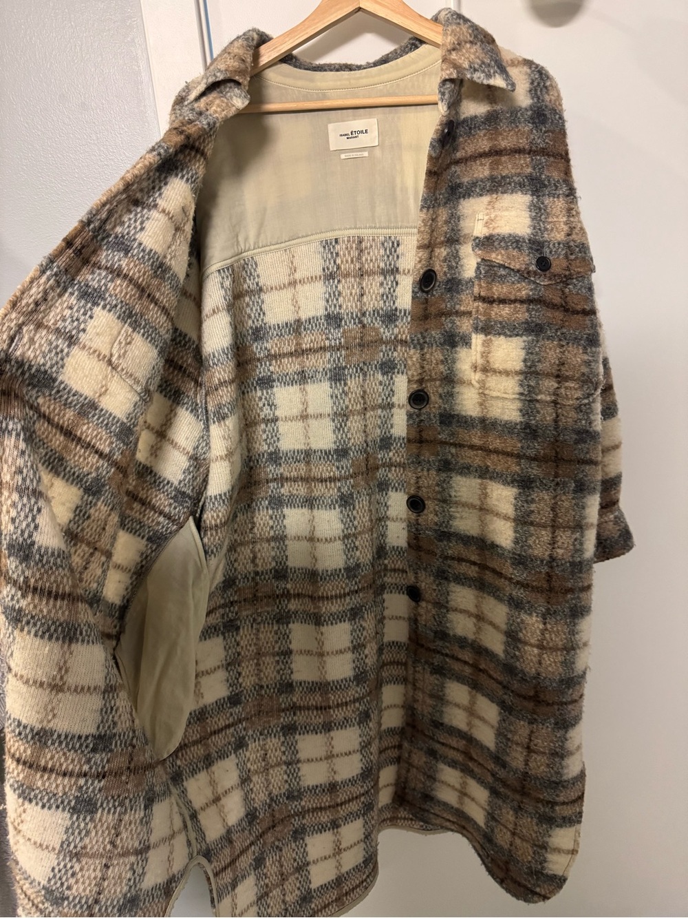 Isabel Marant Plaid Wool-Blend Overshirt Coat in Cream, Brown & Gray - Picture 8 of 10